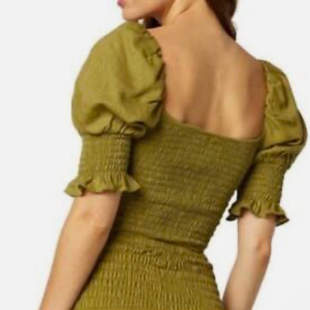 MISA Los Angeles Calla Smocked Puff Sleeve Crop Top Olive XS NWT - Picture 2 of 4
